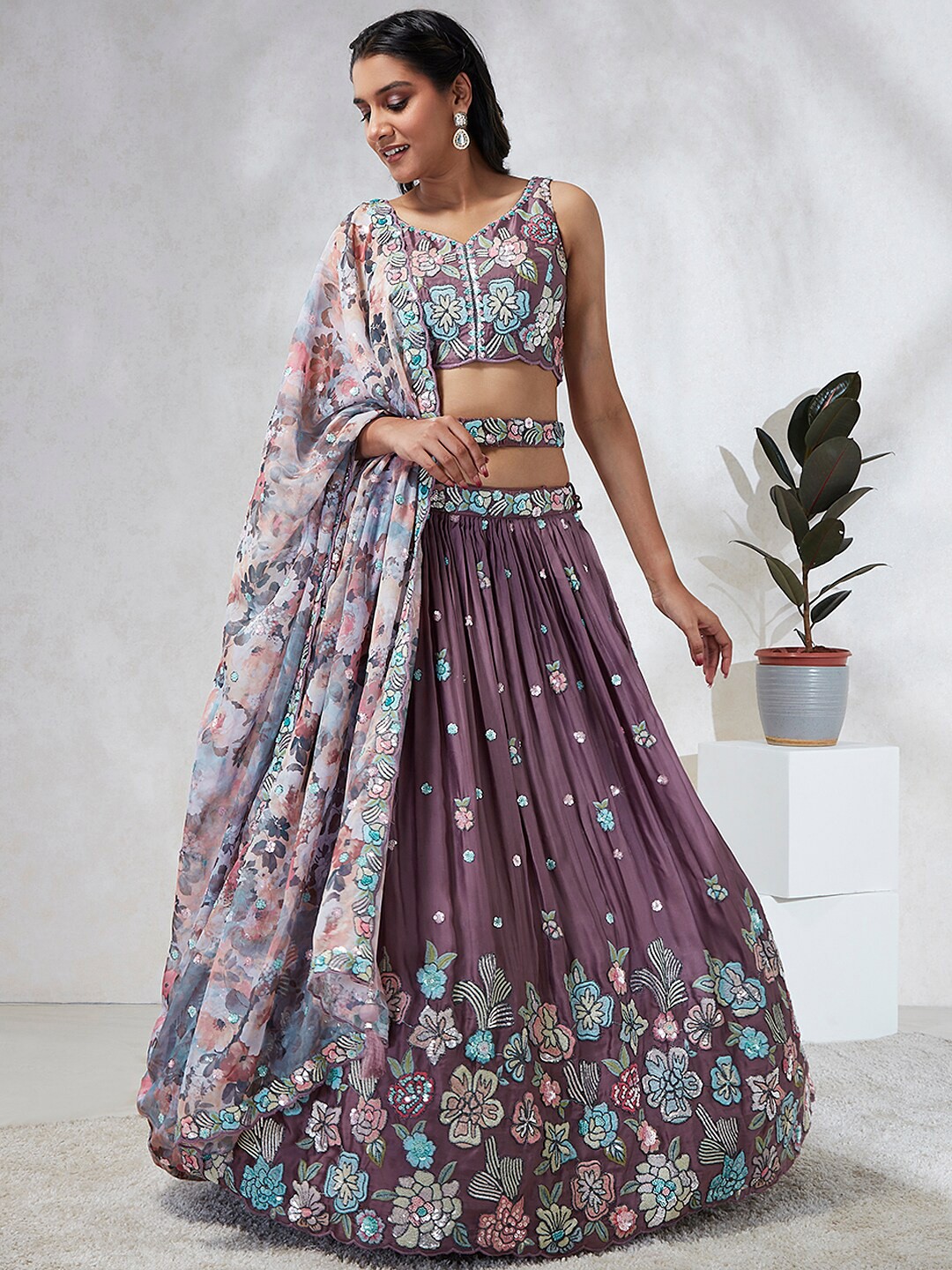 

panchhi Embroidered Sequinned Semi-Stitched Lehenga & Unstitched Blouse With Dupatta, Lavender