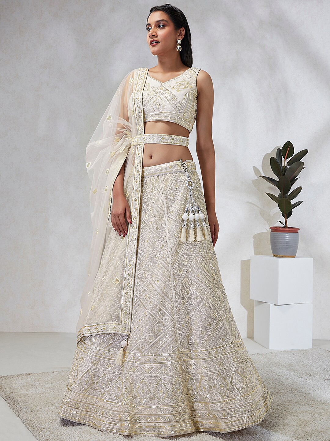 

panchhi Embroidered Semi-Stitched Lehenga & Unstitched Blouse With Dupatta, Cream