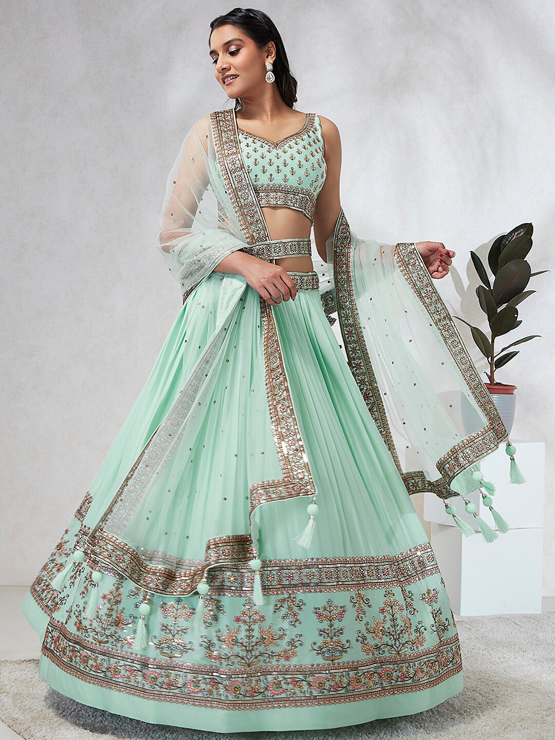 

panchhi Embroidered Sequinned Semi-Stitched Lehenga & Unstitched Blouse With Dupatta, Sea green