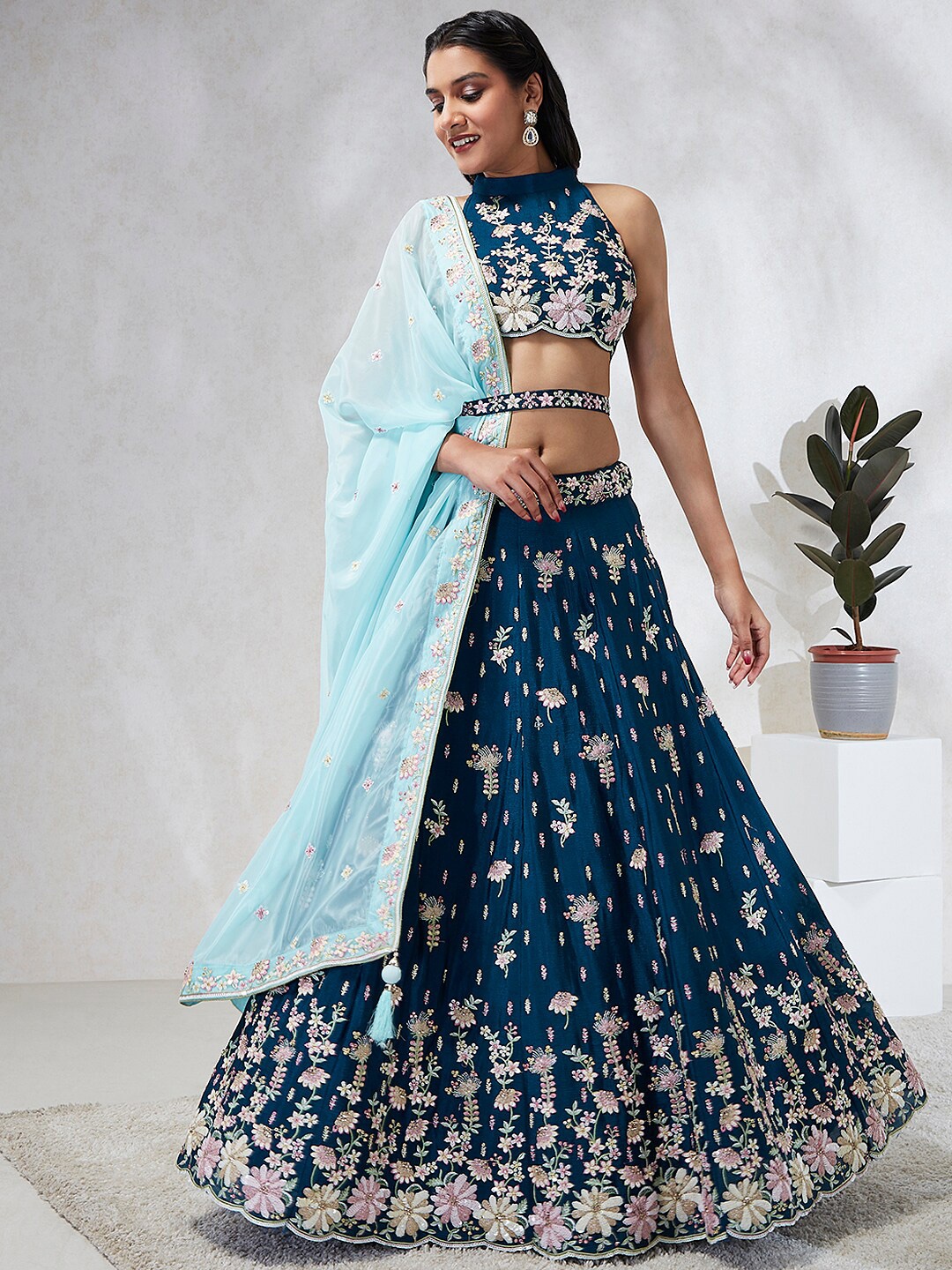 

panchhi Embroidered Sequinned Semi-Stitched Lehenga & Unstitched Blouse With Dupatta, Teal