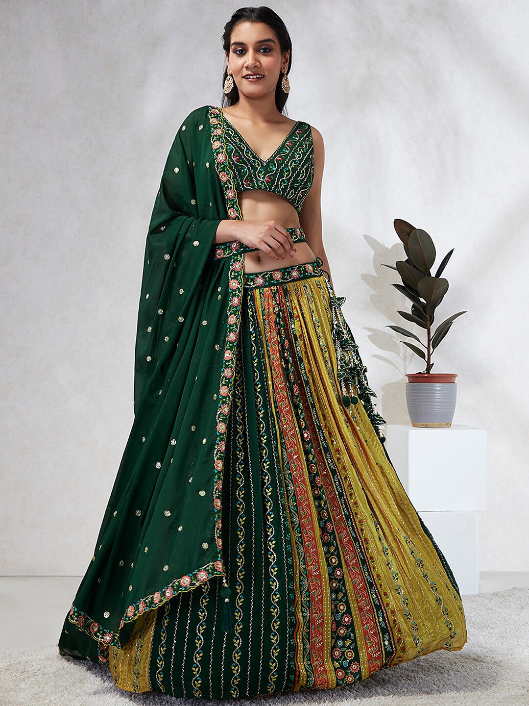 

panchhi Embroidered Sequinned Semi-Stitched Lehenga & Unstitched Blouse With Dupatta, Green