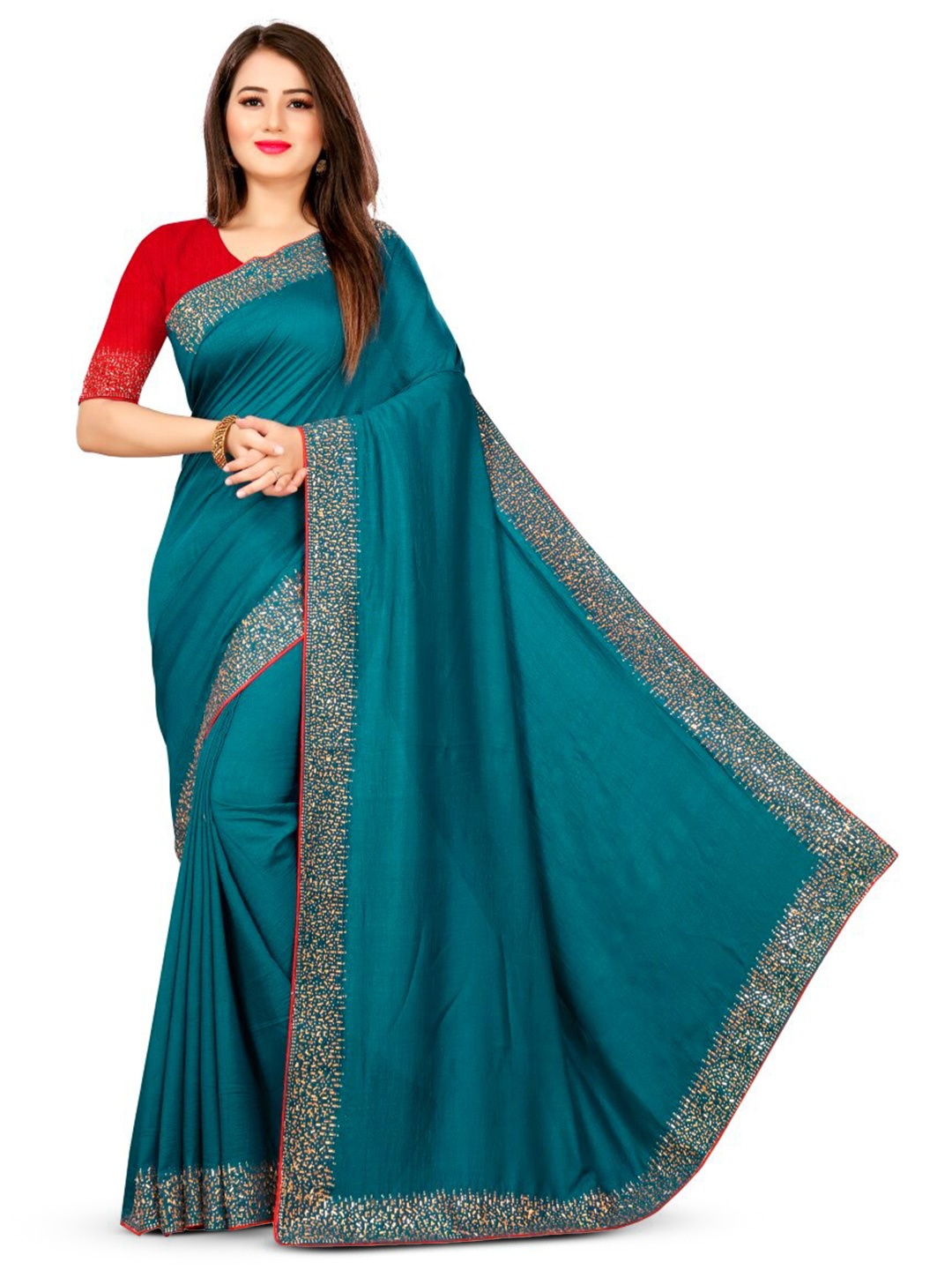 

PUNYATHA CREATION Beads and Stones Embellished Saree, Teal