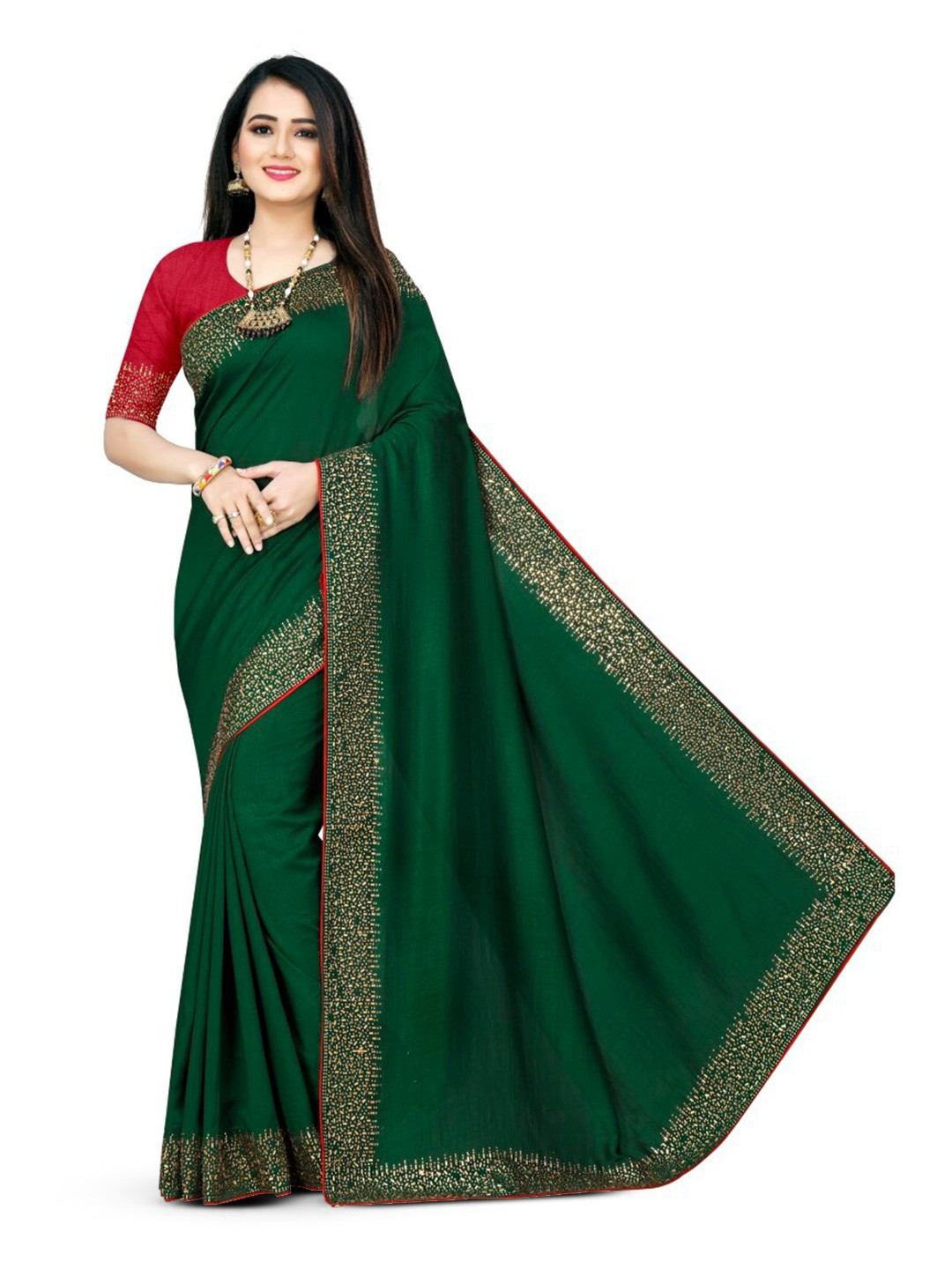 

PUNYATHA CREATION Beads and Stones Embellished Saree, Green