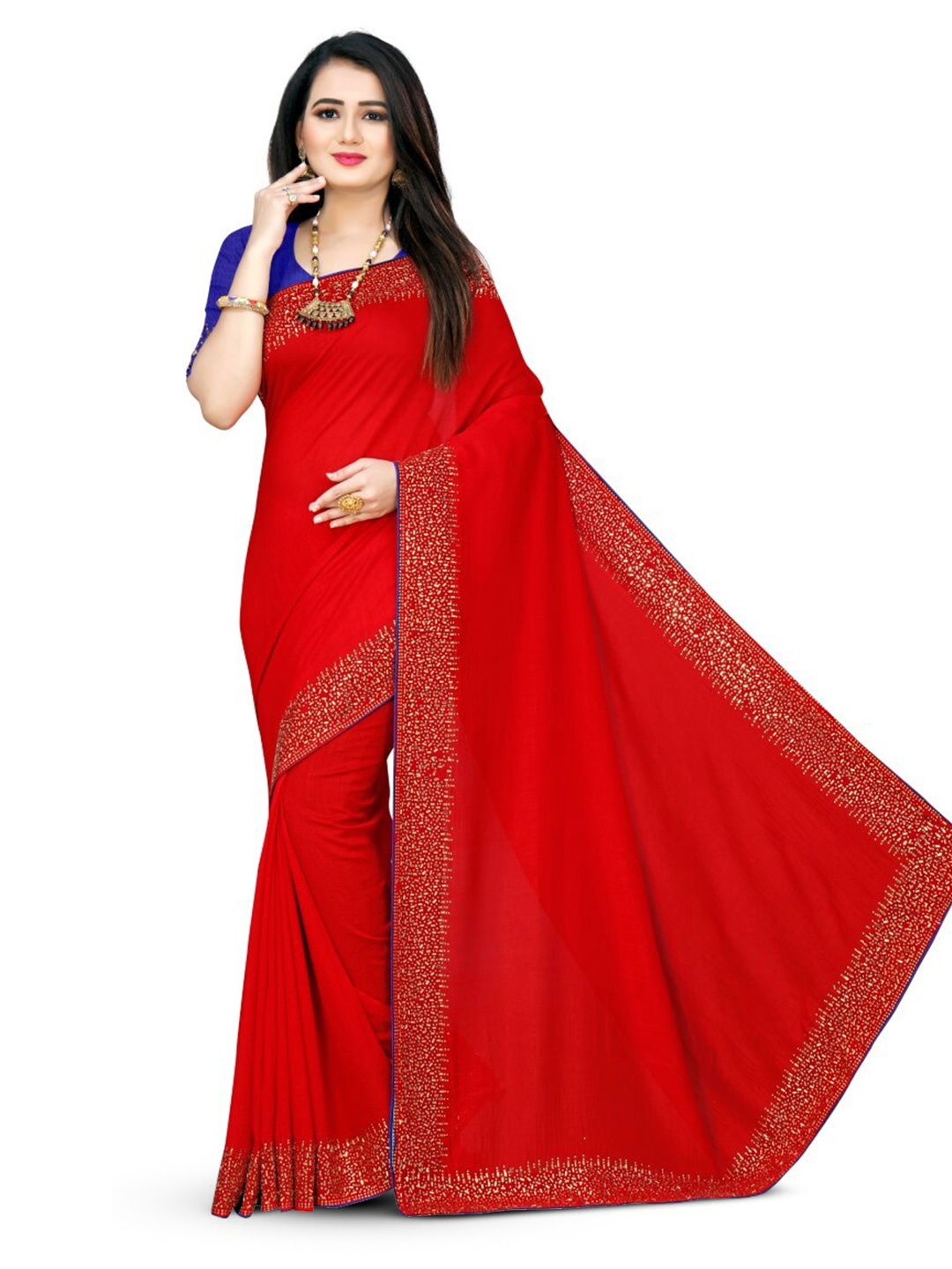 

PUNYATHA CREATION Beads and Stones Embellished Saree, Red