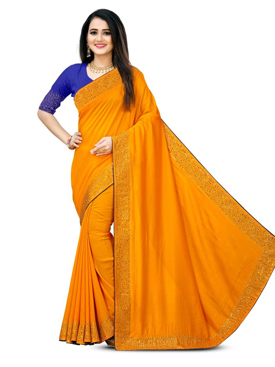 

PUNYATHA CREATION Beads and Stones Embellished Saree, Mustard