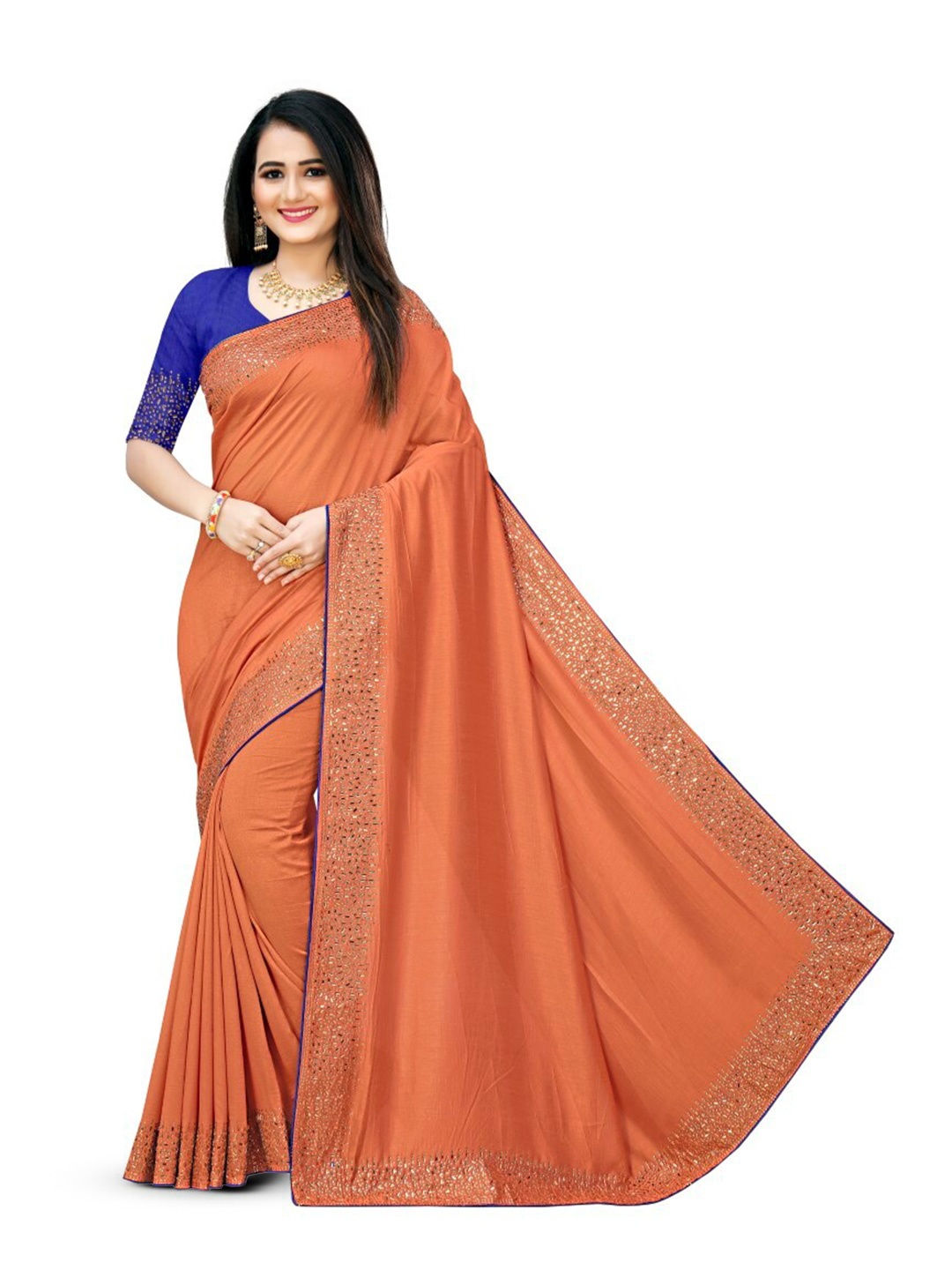 

PUNYATHA CREATION Beads and Stones Embellished Saree, Rust