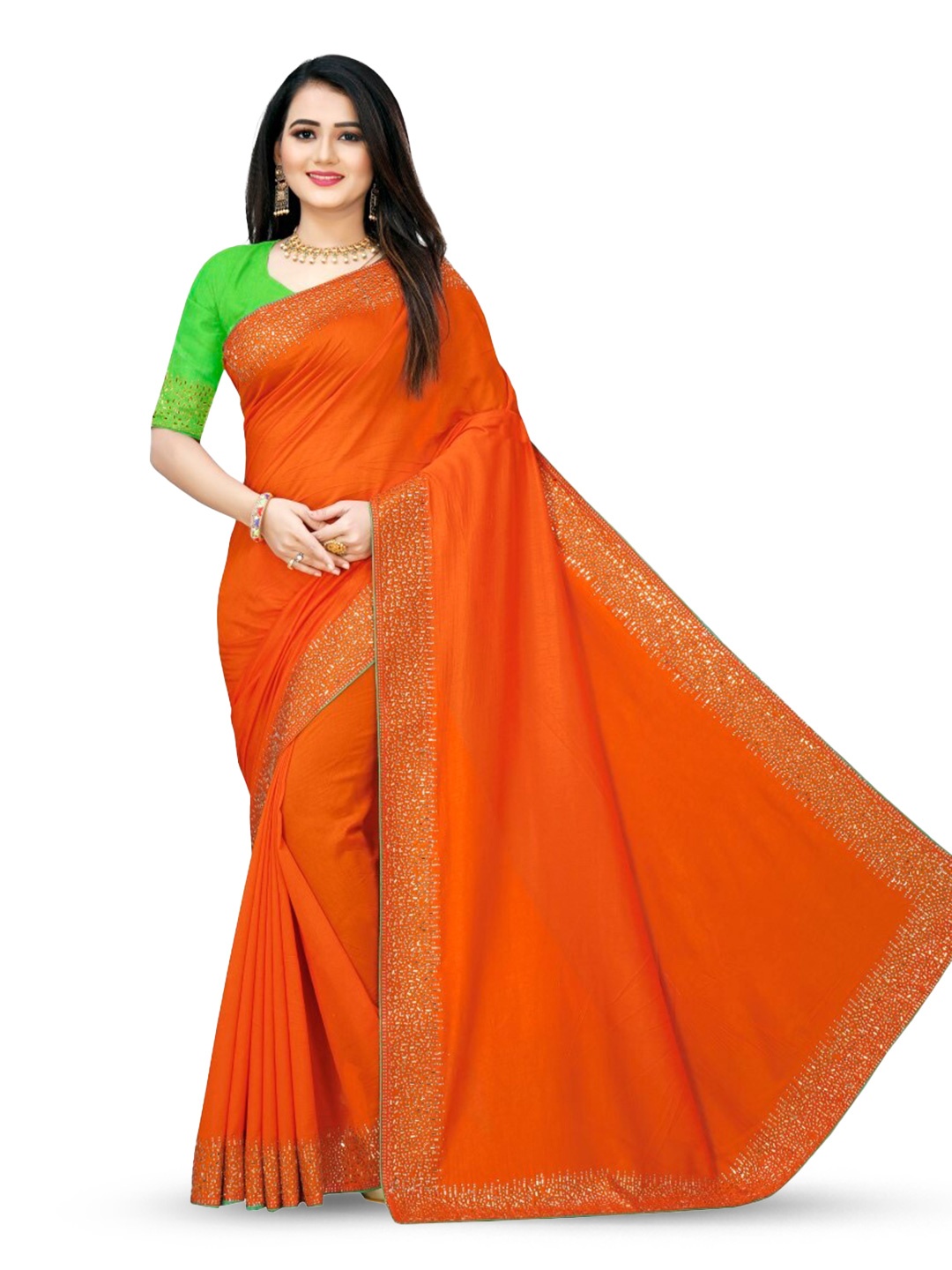 

PUNYATHA CREATION Beads and Stones Embellished Saree, Orange