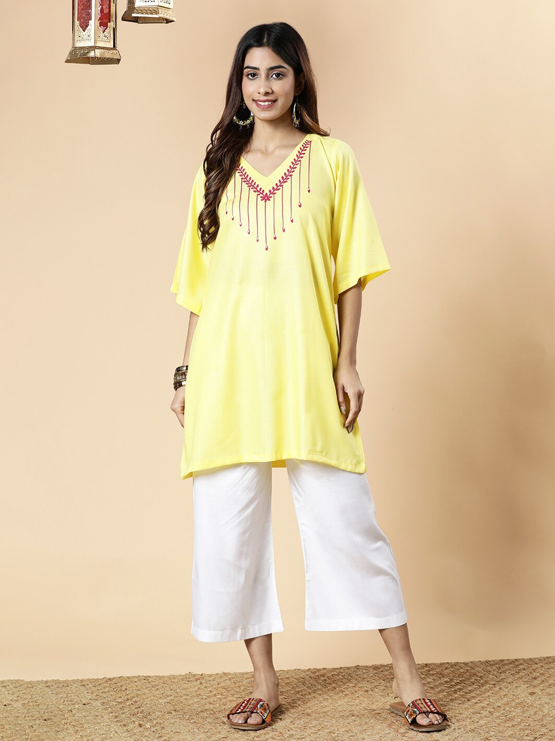 

LetsDressUp V-Neck Thread Work Straight Kurta, Yellow