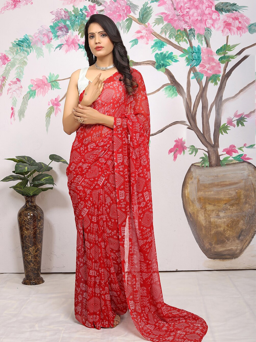 

Pionex Floral Printed Ready to Wear Saree, Red