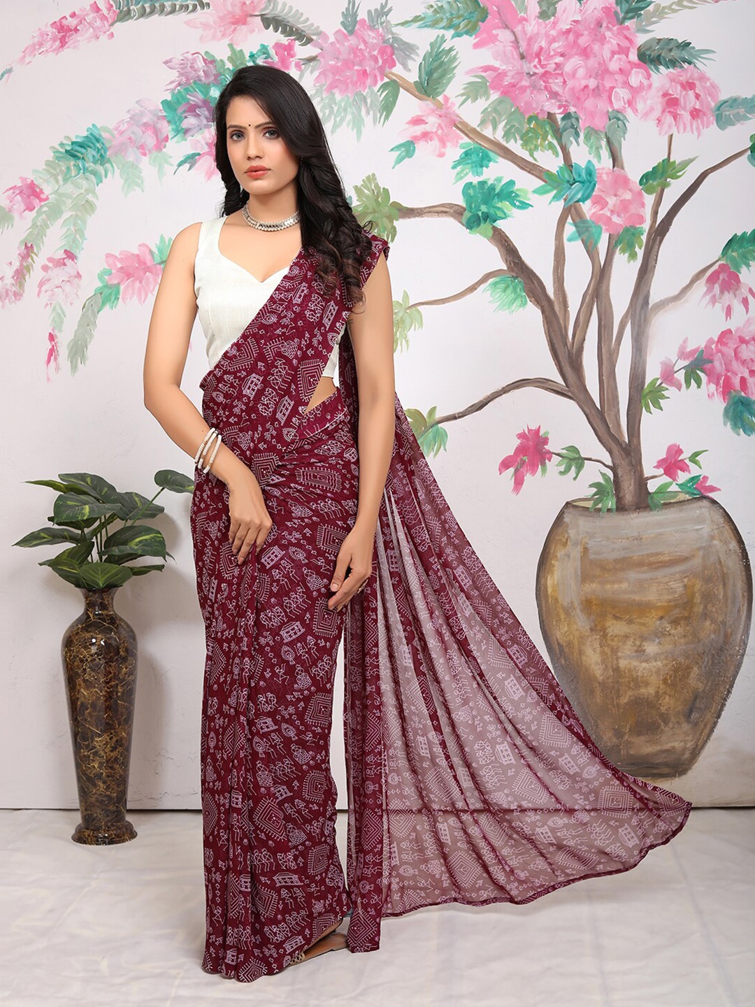 

Pionex Warli Printed Pure Georgette Party Wear Saree, Purple