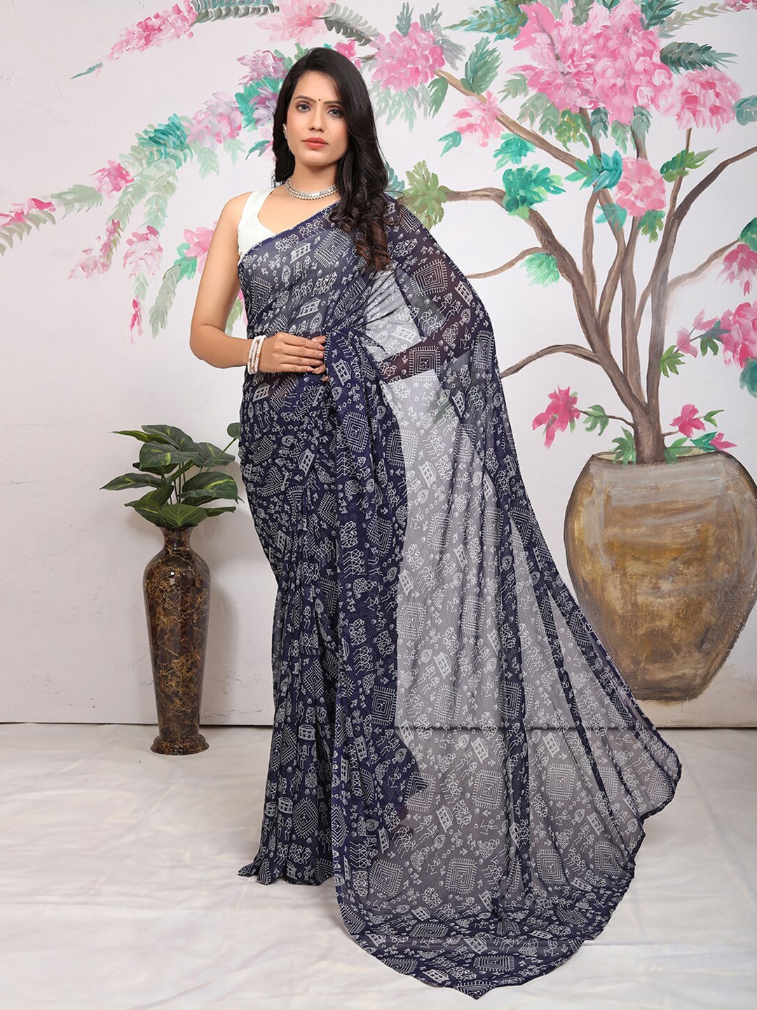 

Pionex Floral Pure Georgette Ready to Wear Saree, Navy blue