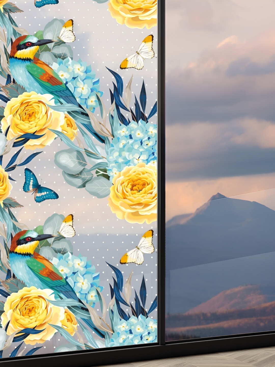 

CVANU Yellow & Blue Floral and Botanical Printed Self-Adhesive Window Film Sticker