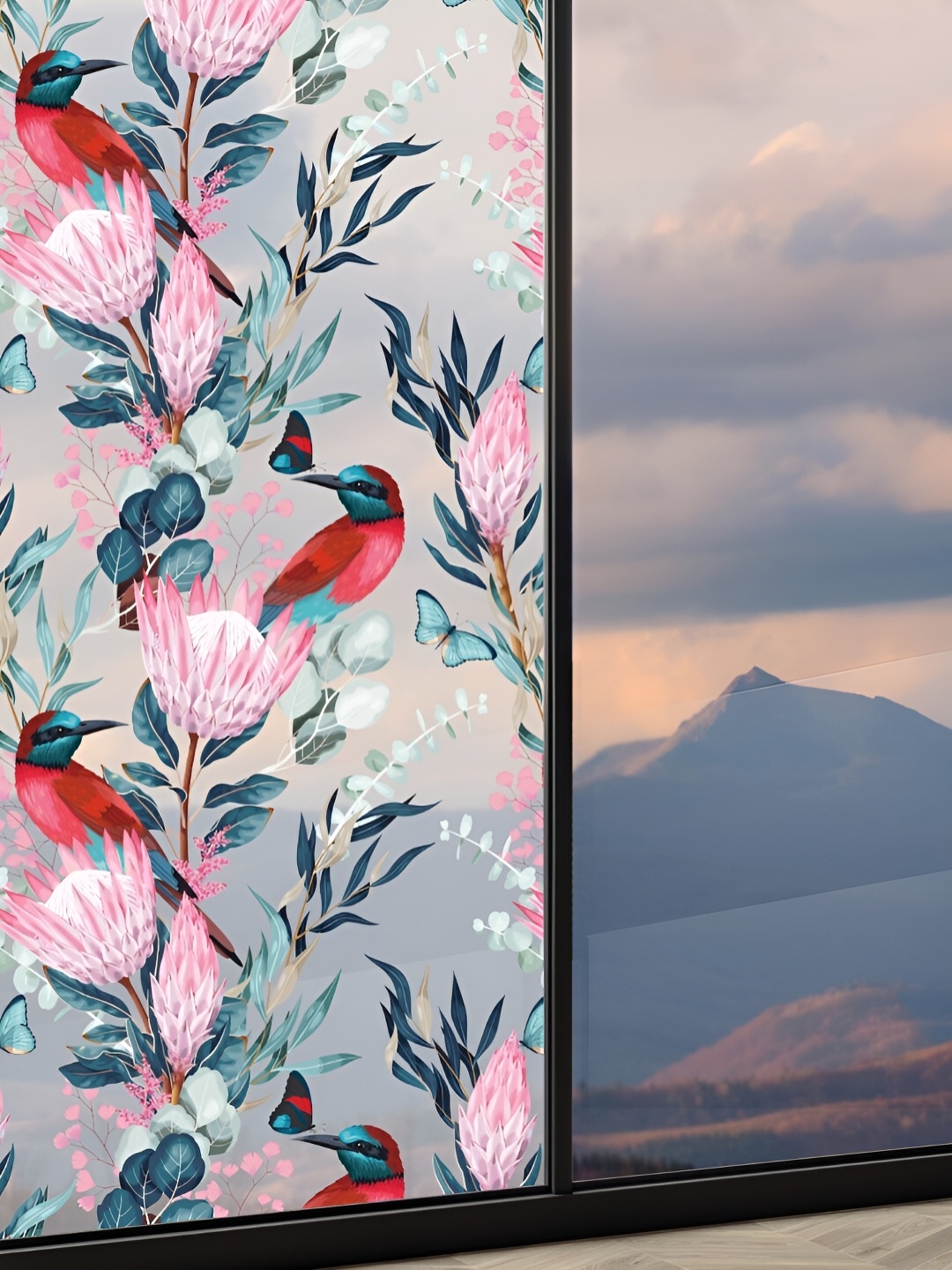 

CVANU Teal Blue & Pink Floral and Botanical Printed Self-Adhesive Window Film Sticker