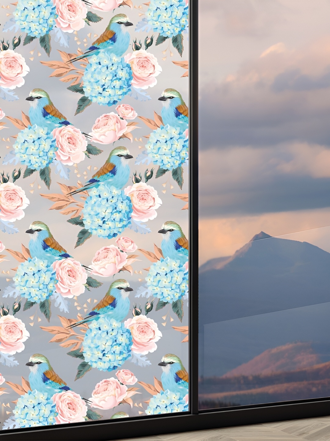 

CVANU Transparent & Blue Floral Printed Self-Adhesive Window Film Wall Sticker
