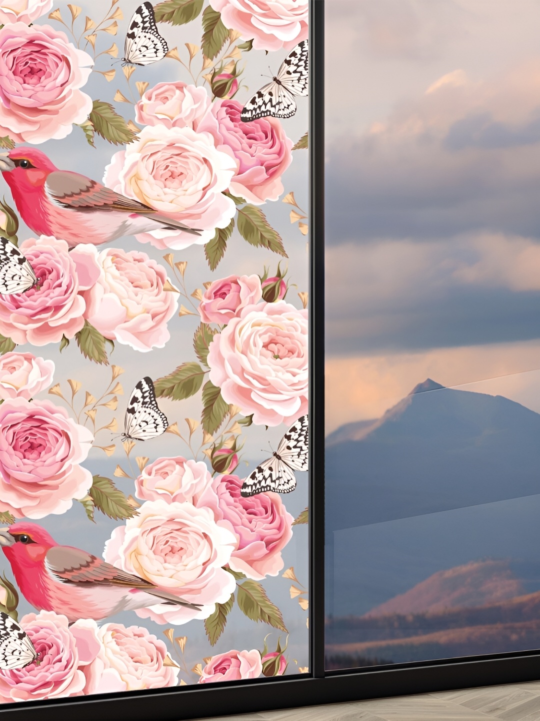 

CVANU Pink & Green Floral Printed Self-Adhesive Waterproof Window Sticker, Transparent