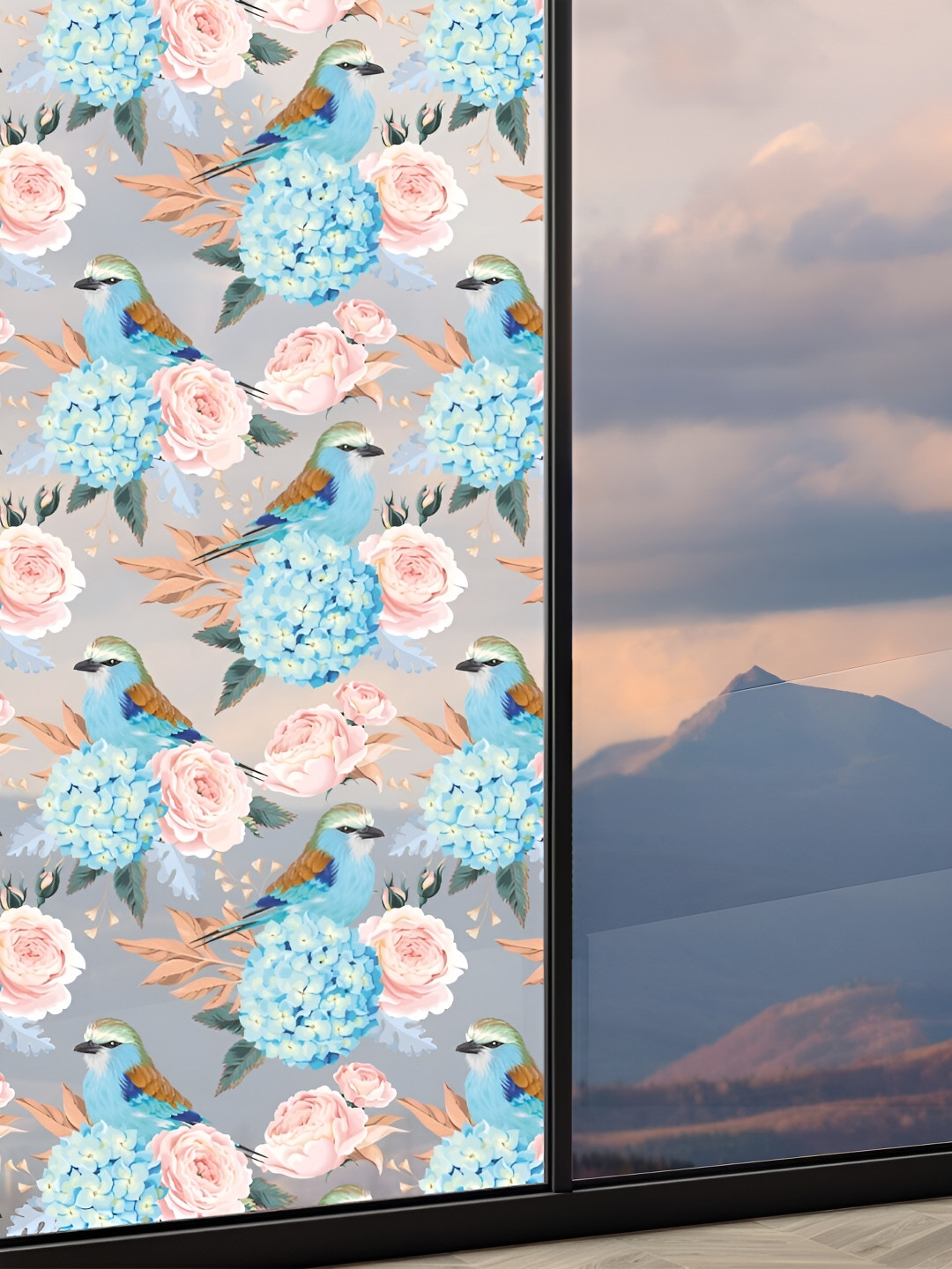 

CVANU Transparent & Blue Floral Printed Self Adhesive Window Film Sticker