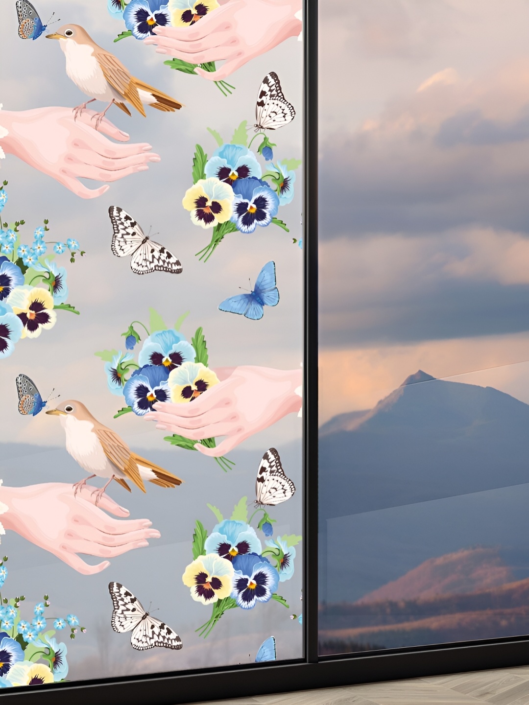 

CVANU Transparent & Blue Floral and Botanical Printed Self-Adhesive Waterproof Window Film