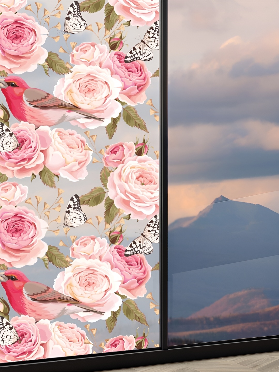 

CVANU Transparent & Pink Floral and Botanical Printed Self-Adhesive Waterproof Window Film