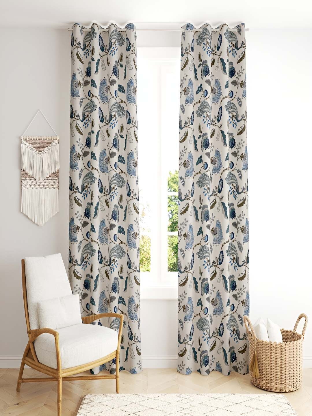 tundwal's Blue & White 2 Pieces Floral Printed Cotton Room Darkening Long Door Curtains