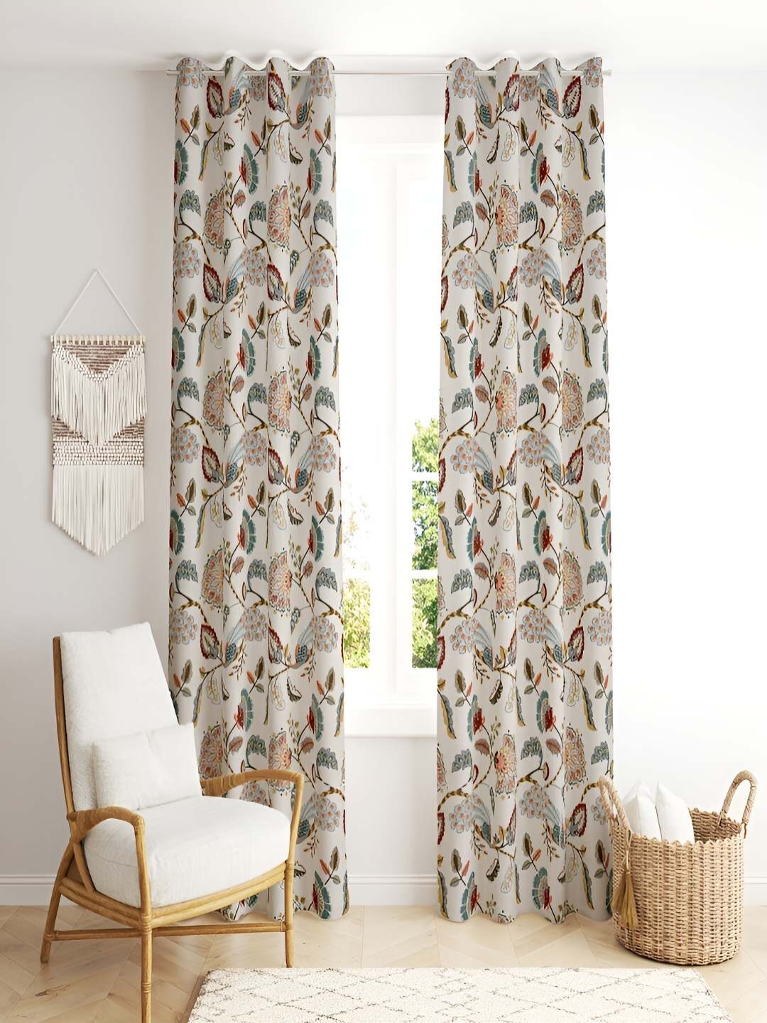 

tundwal's White & Green 2 Pieces Floral Printed Cotton Room Darkening Door Curtains