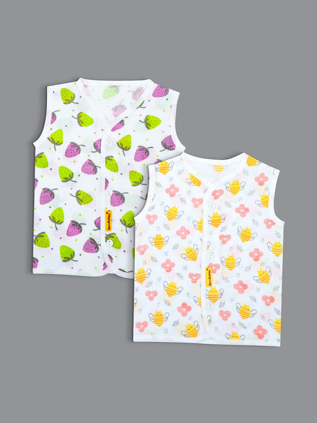 

Born Babies Infants Pack Of 2 Printed Sleeveless Organic Cotton Jhablas, White