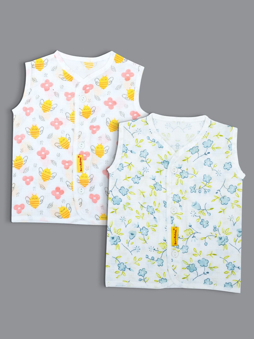 

Born Babies Infants Pack Of 2 Printed Sleeveless Organic Cotton Jhablas, White