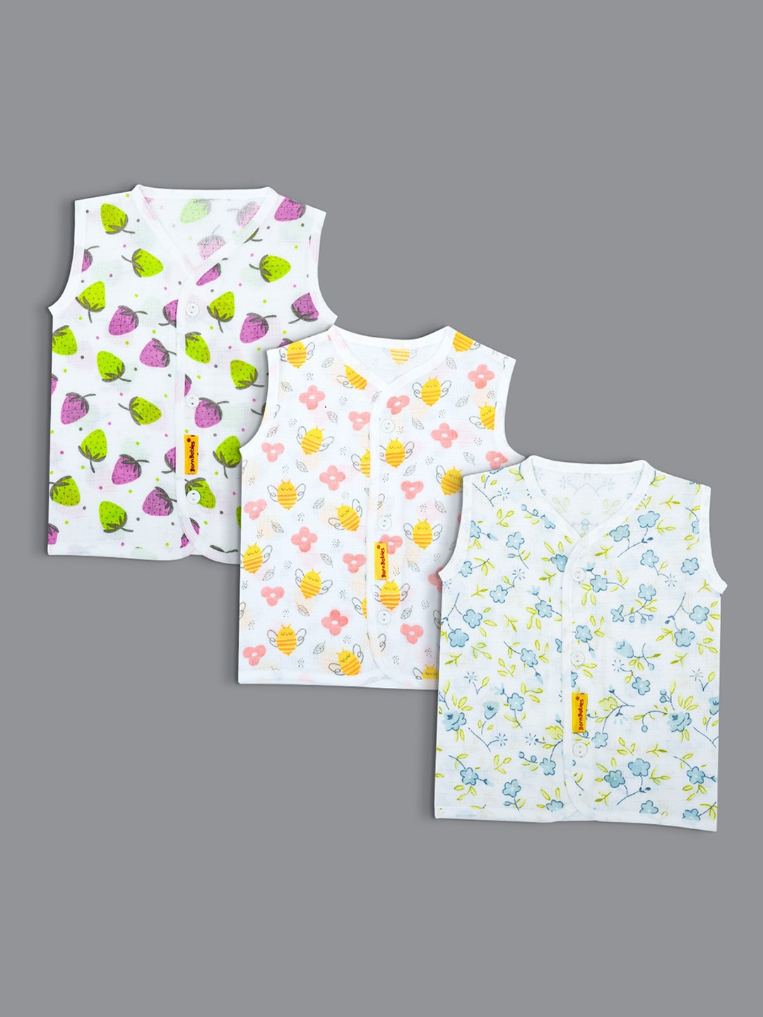 

Born Babies Infants Pack Of 3 Printed Sleeveless Organic Cotton Jhablas, White
