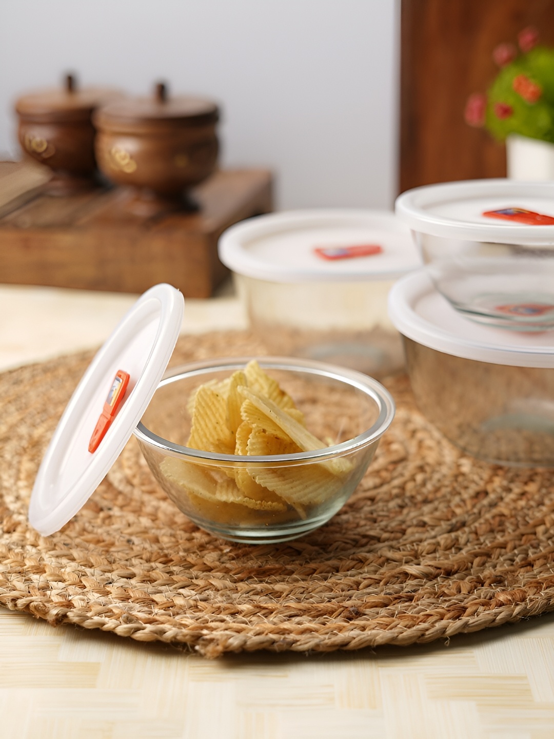 

Aura Transparent 4 Pieces Glass Dishwasher Safe Serving Bowl With Lid