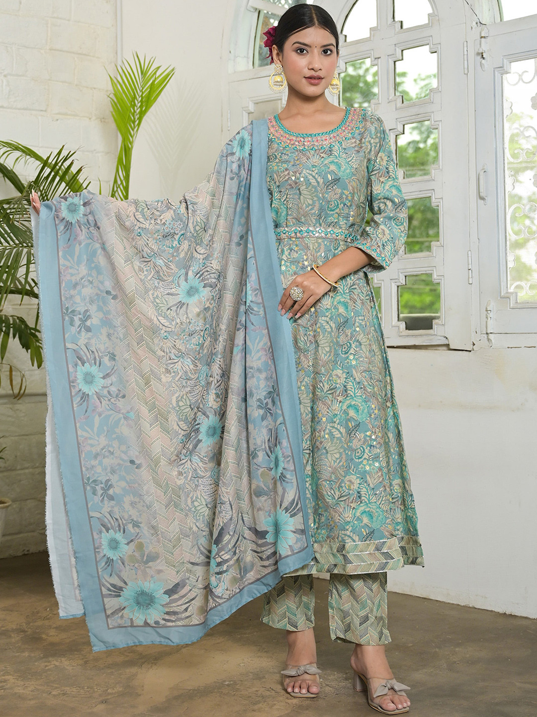 

KALINI Floral Printed Thread Work A-Line Kurta with Palazzos & Dupatta, Blue