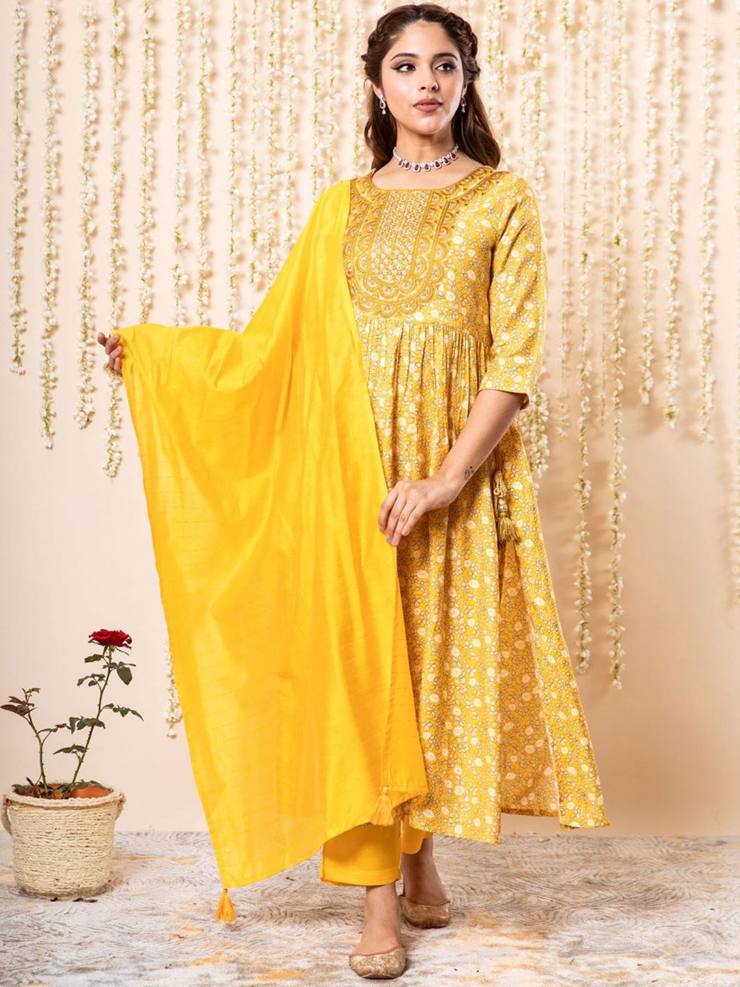 

KALINI Floral Printed Thread Work A-Line Kurta & Palazzos With Dupatta, Yellow