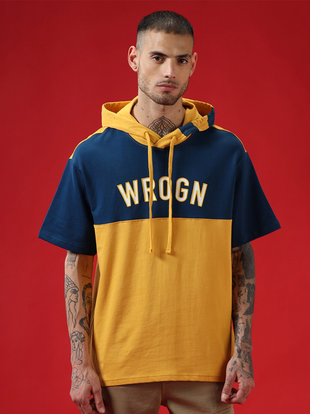 

WROGN Colourblocked Hooded Oversized T-shirt, Navy blue