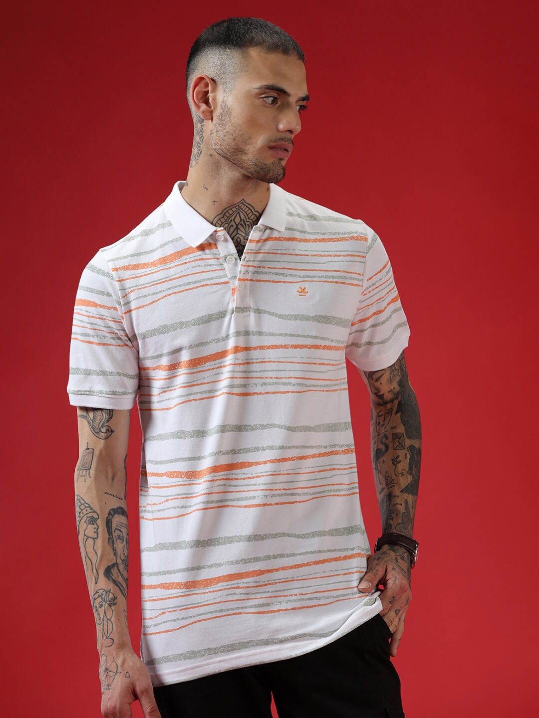 

WROGN Striped Polo Collar Cotton Slim Fit T-shirt, White