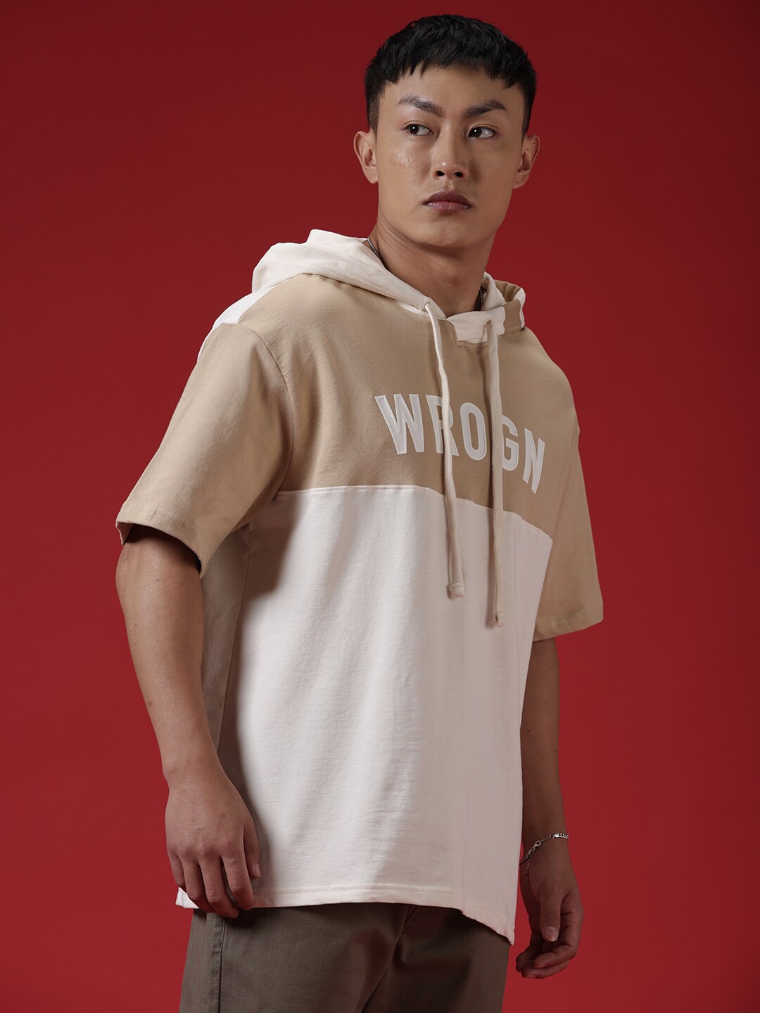 

WROGN Colourblocked Hooded Cotton Oversized T-shirt, Beige