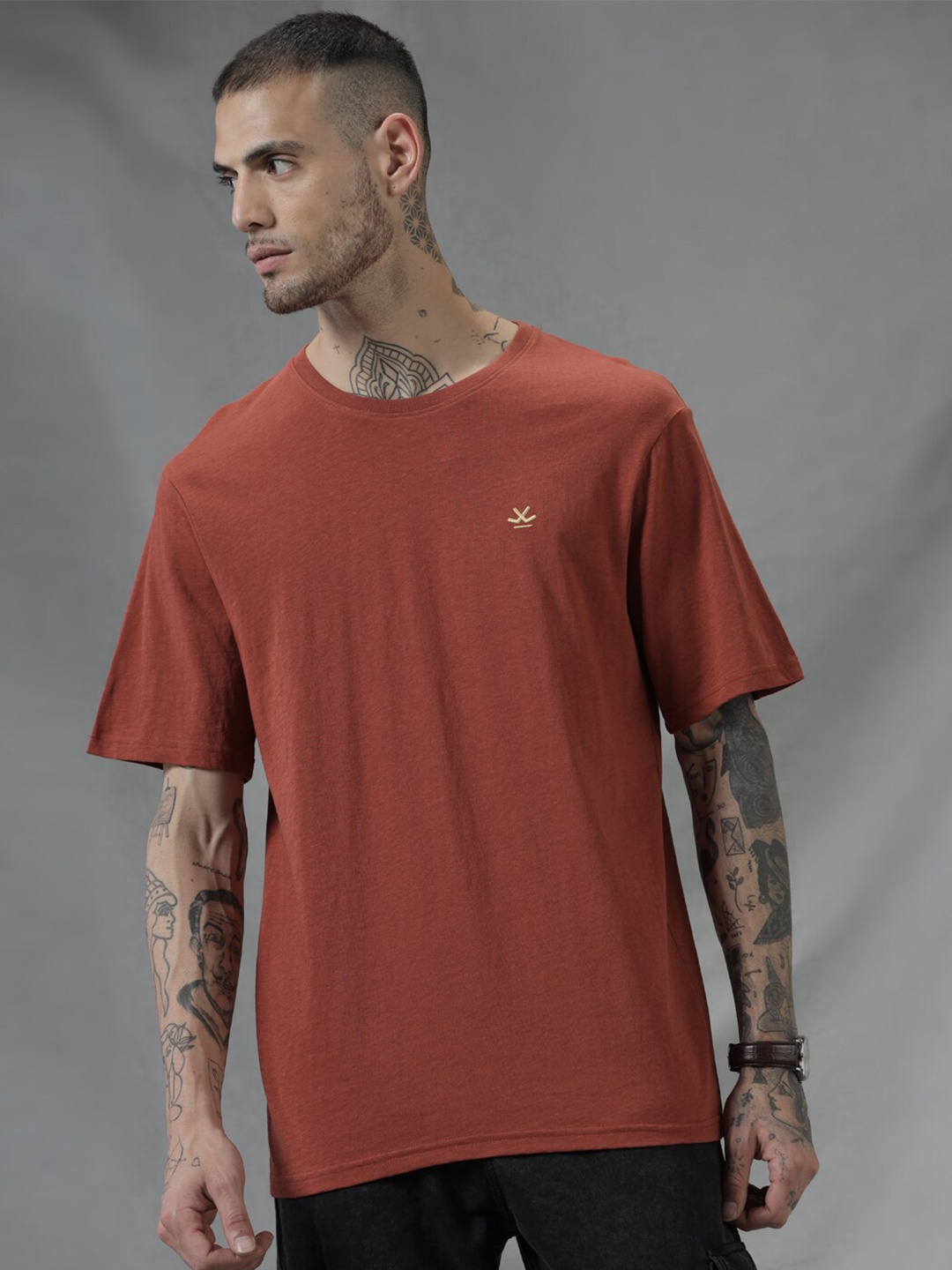 

WROGN Round Neck Cotton T-shirt, Rust