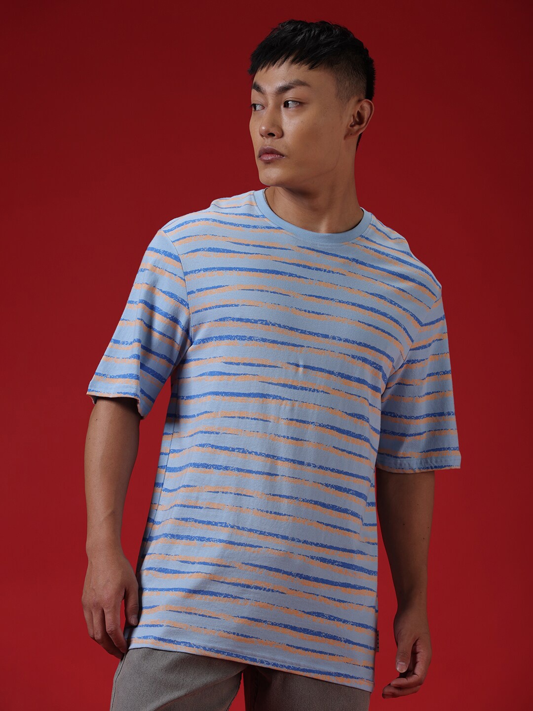 

WROGN Striped Round Neck Cotton T-shirt, Blue