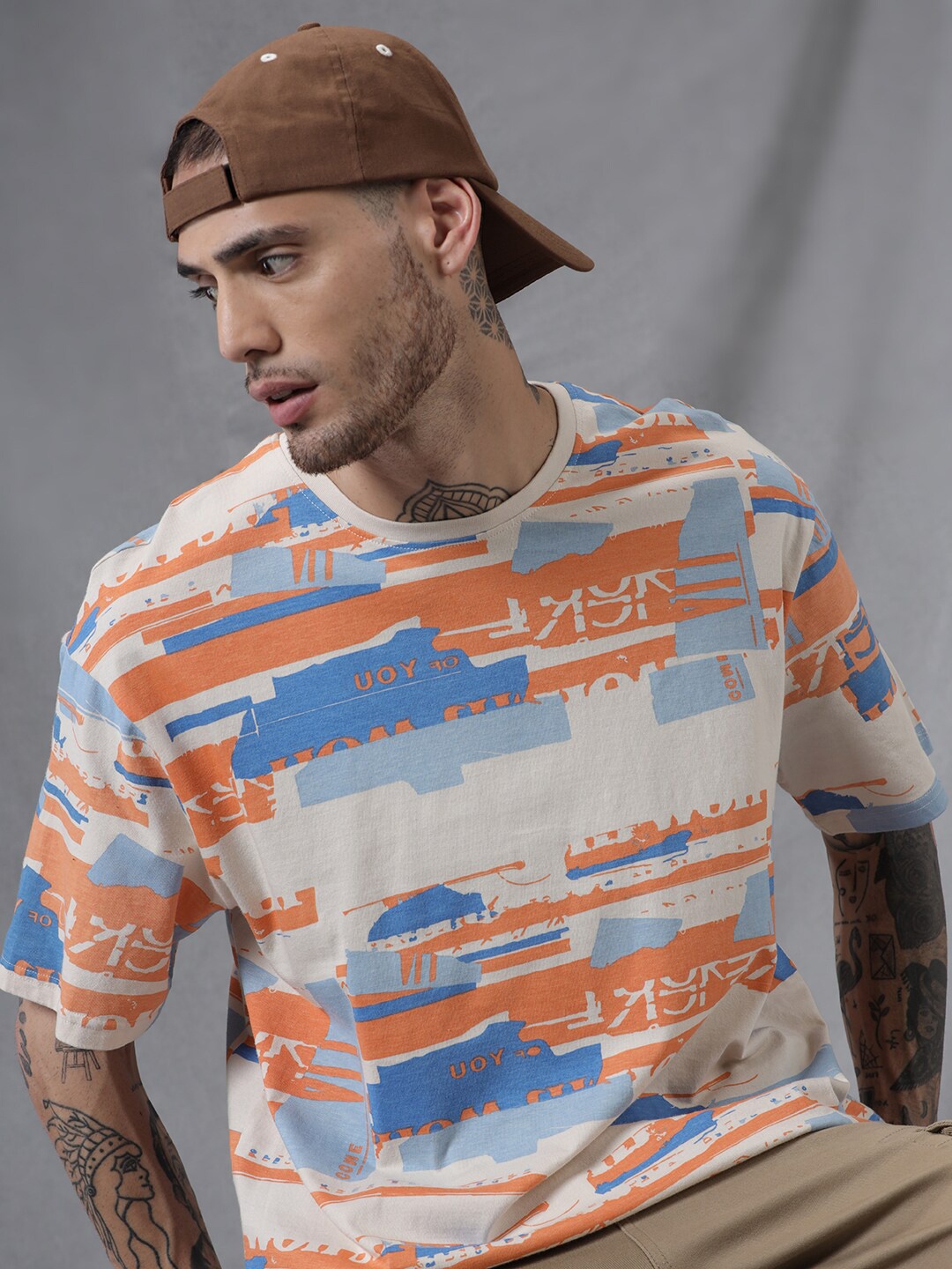 

WROGN Abstract Printed Cotton Oversized T-shirt, Beige