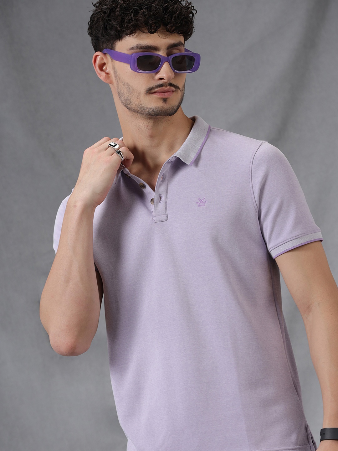 

WROGN Striped Polo Collar Cotton Slim Fit T-shirt, Lavender