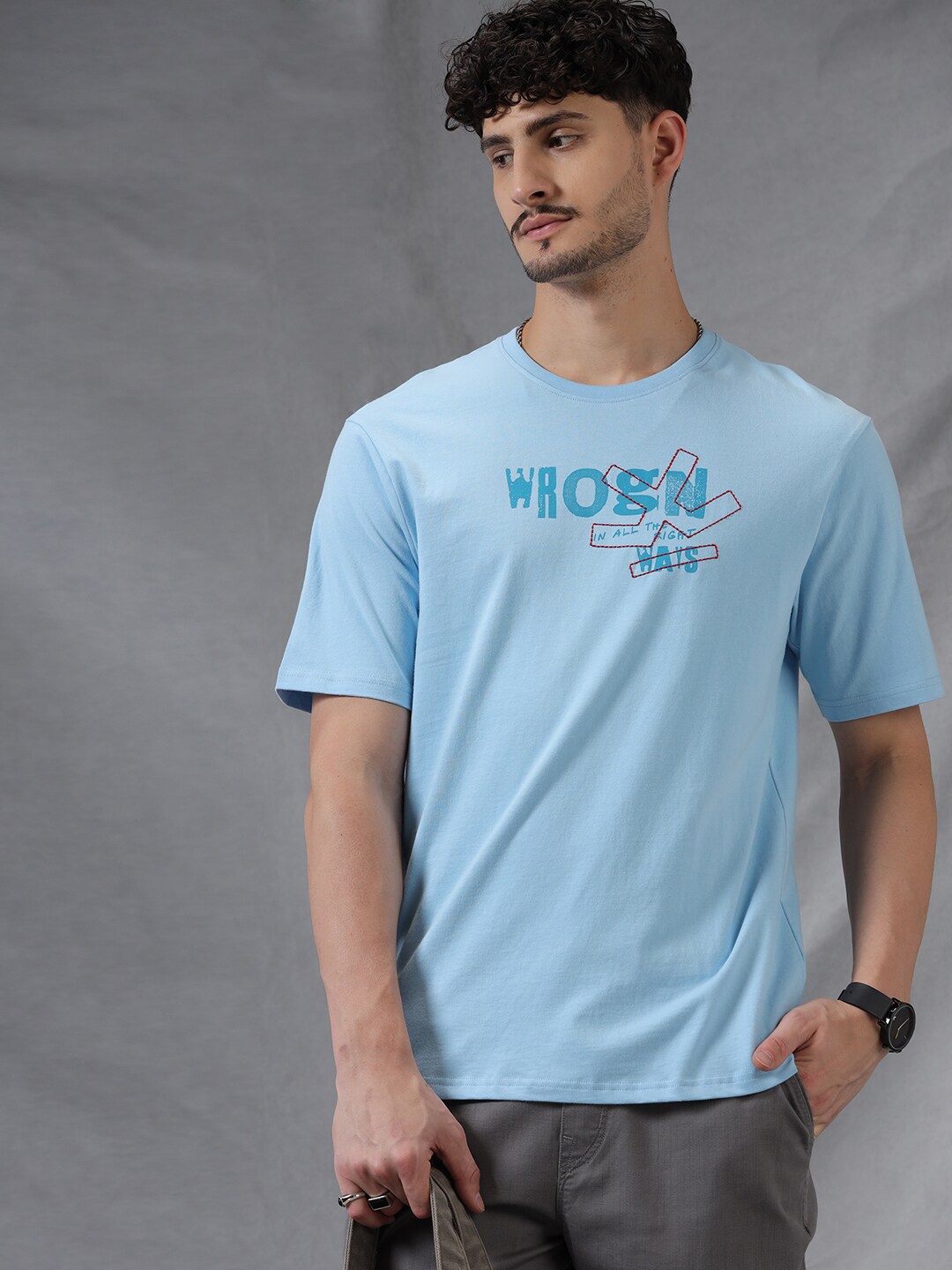 WROGN Typography Printed Cotton T-shirt, Blue