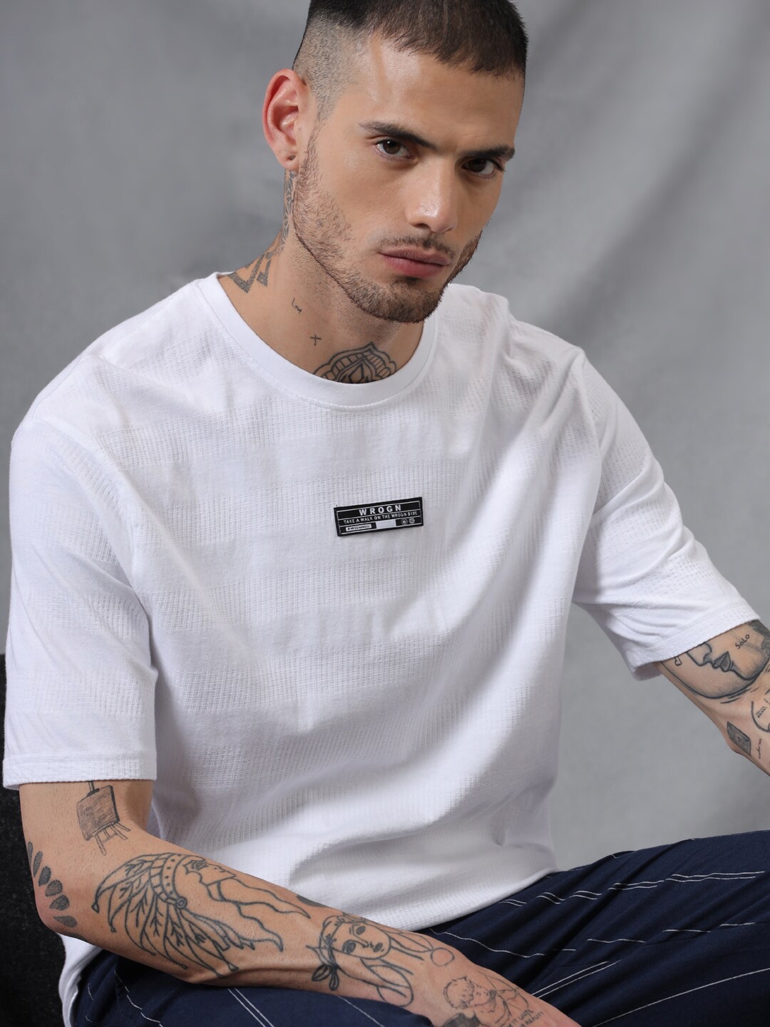 

WROGN Drop-Shoulder Sleeves Casual T-shirt, White