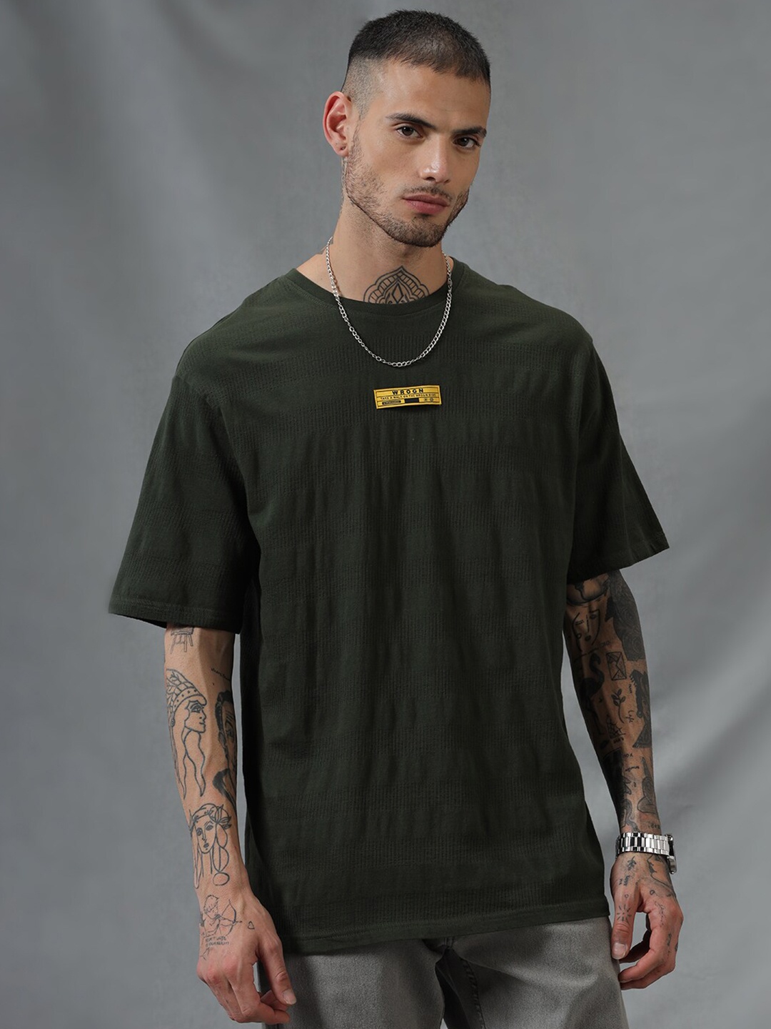 

WROGN Self Design Cotton T-shirt, Olive