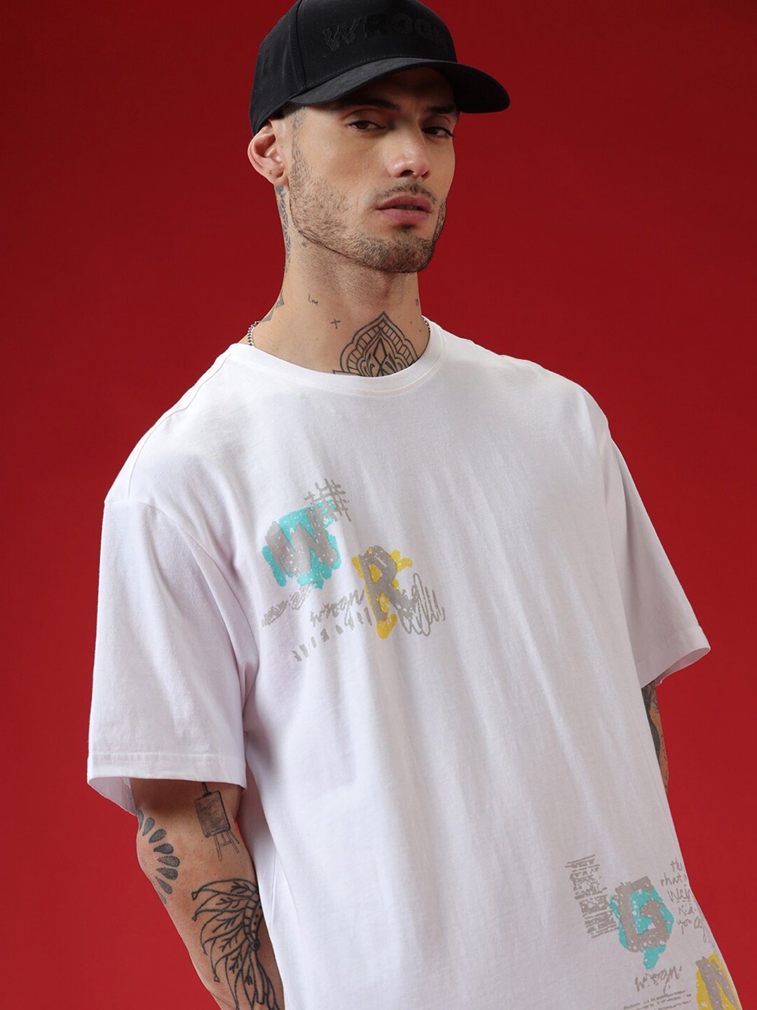 

WROGN Graphic Printed Drop-Shoulder Sleeves Cotton Oversized T-shirt, White