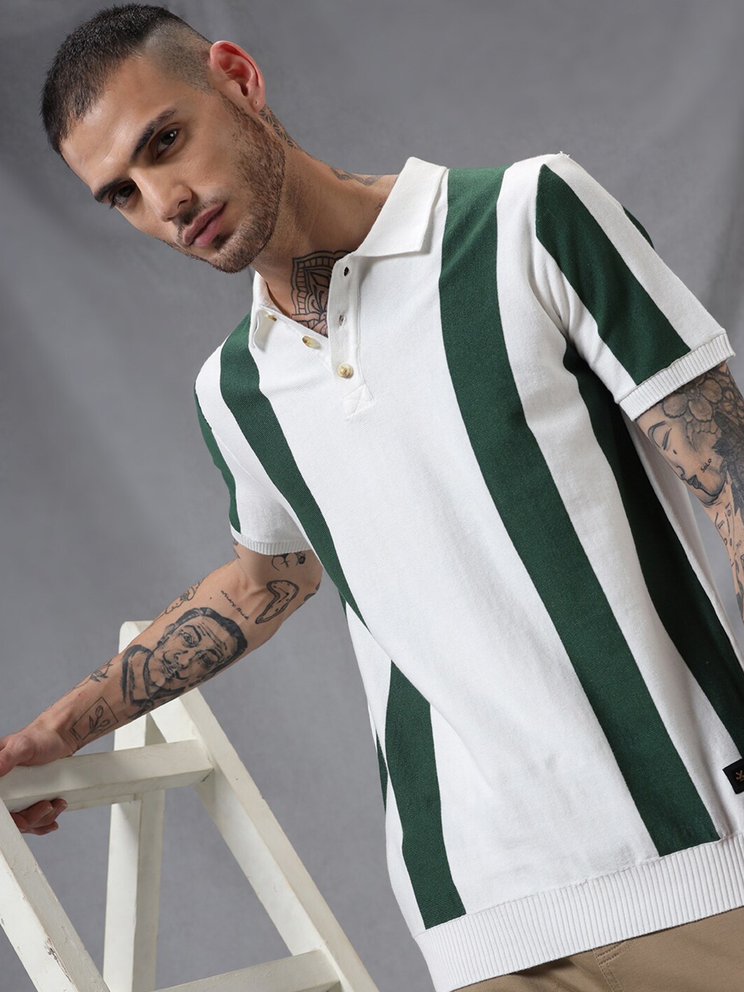 

WROGN Striped Polo Collar Cotton Slim Fit T-shirt, White