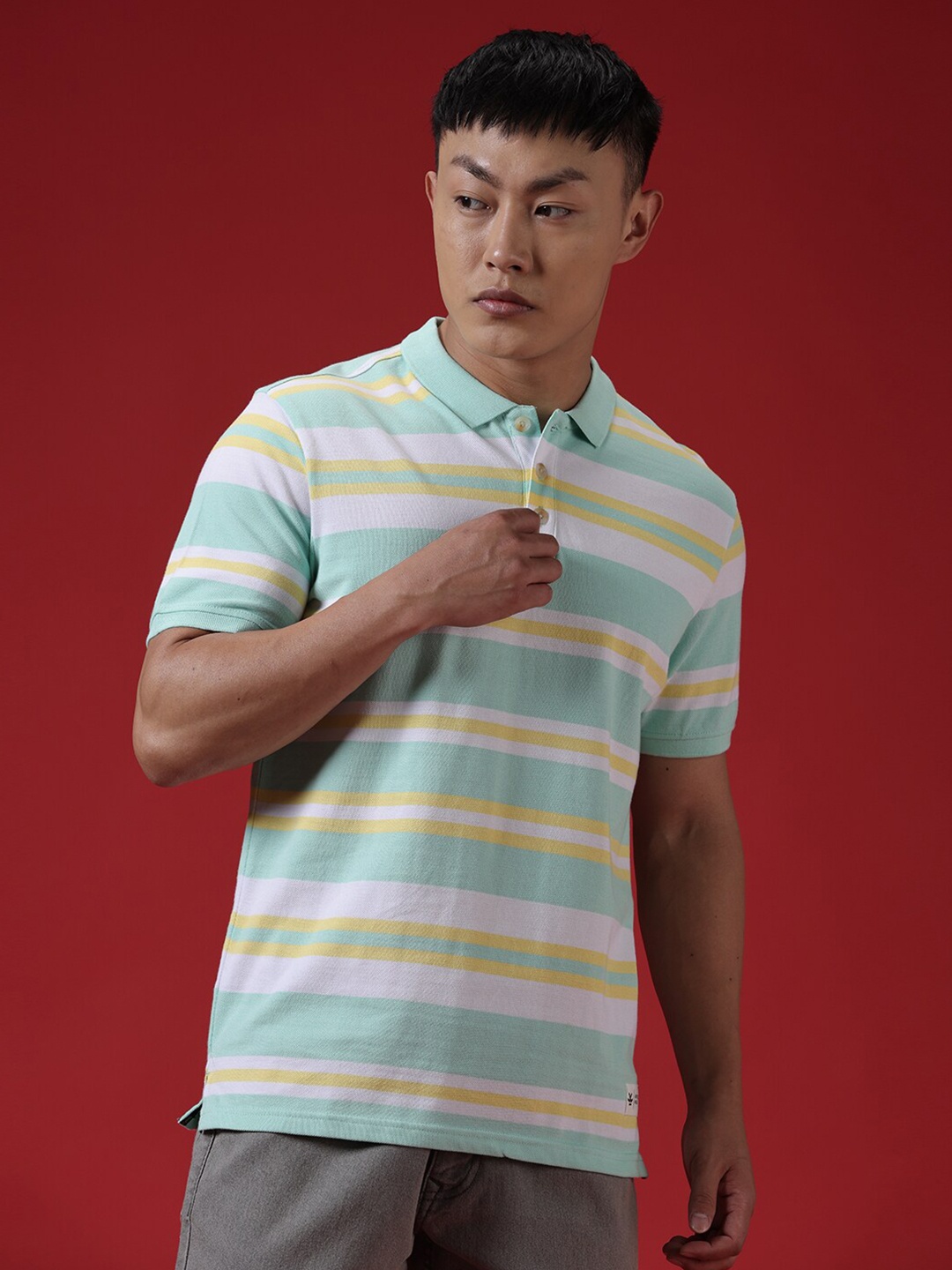 

WROGN Striped Polo Collar Cotton Slim Fit T-shirt, Green