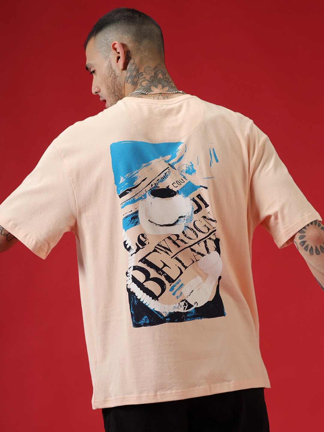 

WROGN Graphic Printed Drop-Shoulder Sleeves Oversized Casual T-shirt, Peach