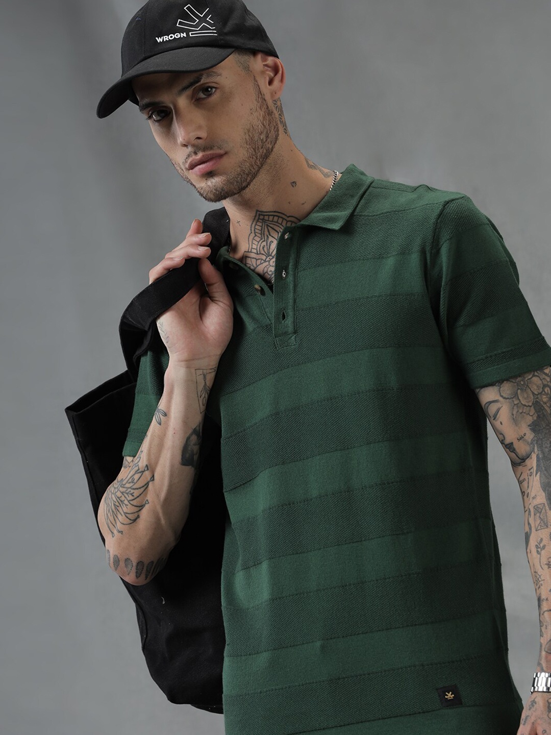 

WROGN Striped Polo Collar Slim Fit T-shirt, Green