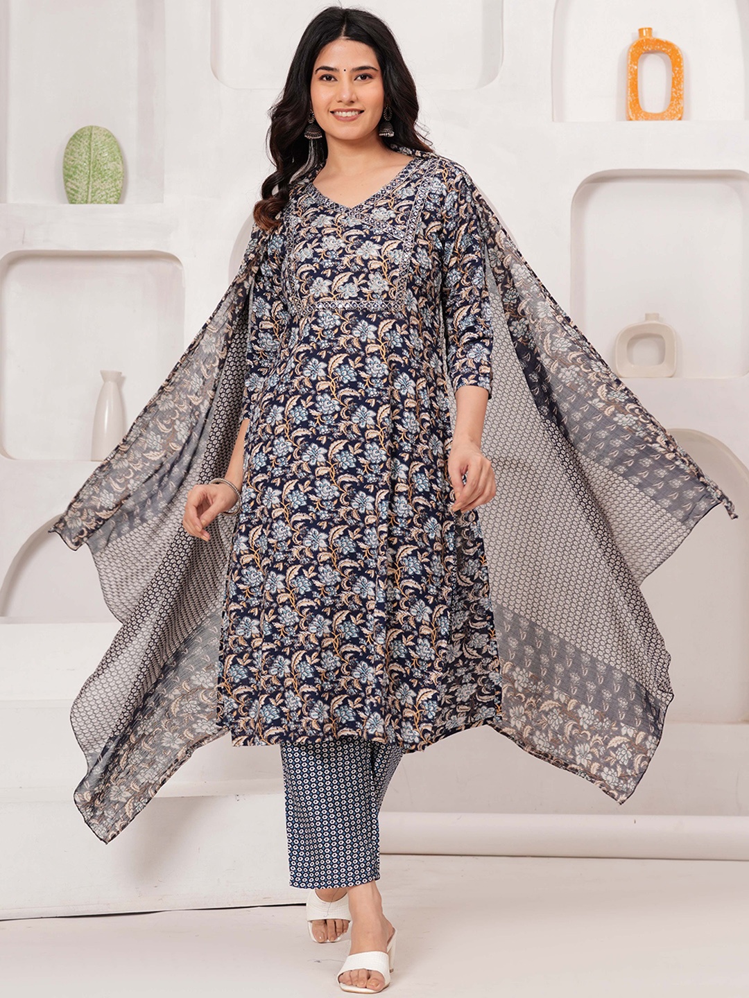 

KALINI Floral Printed Thread Work Kurta With Trousers & Dupatta, Blue