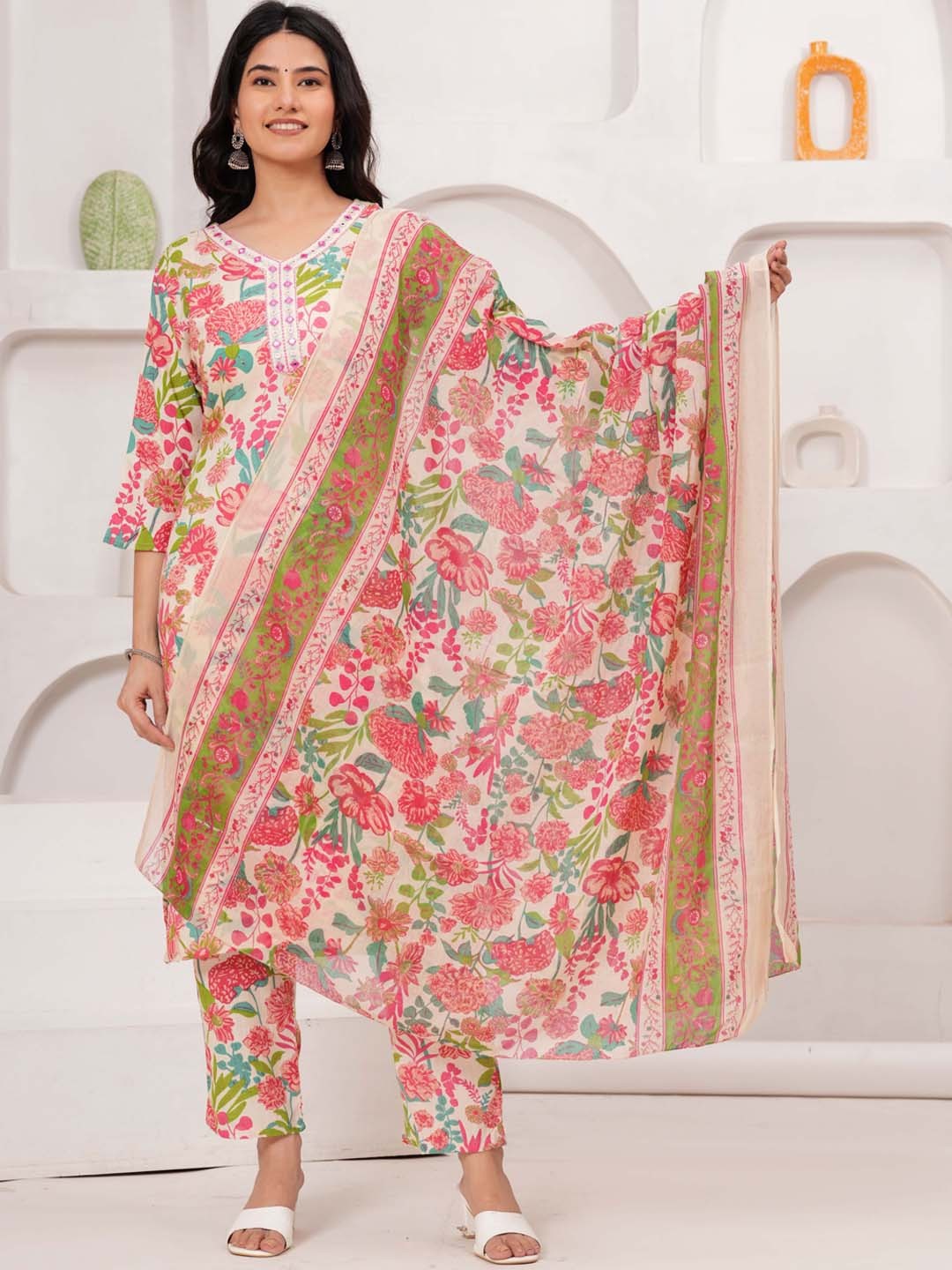

KALINI Floral Printed Mirror Work Detailed Straight Kurta & Trouser With Dupatta, Orange