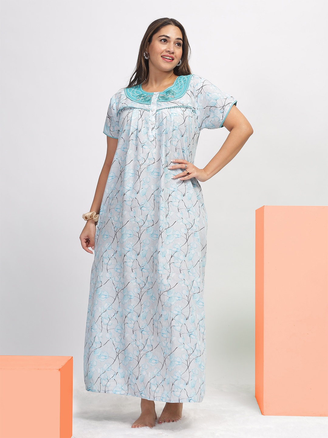 

9shines Label Printed Maxi Nightdress, Blue