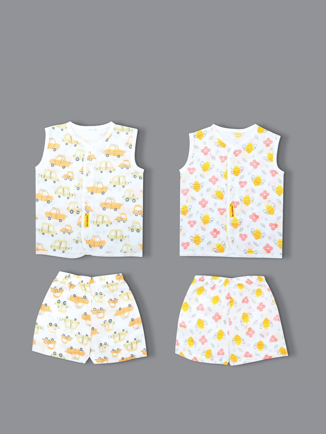 

Born Babies Infant Boys Pack Of 2 Printed Sleeveless Top with Shorts, White