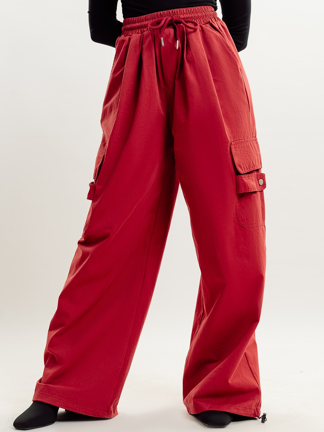 

FREAKINS Women Straight Fit High-Rise Clean Look Stretchable Cargo Jeans, Red